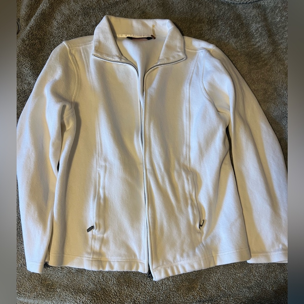 White Ribbed Zip Up Jacket- Thick Material, XL